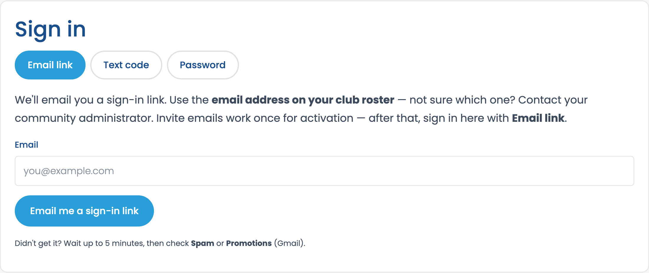 Member sign-in — Email link, Text code, and Password tabs