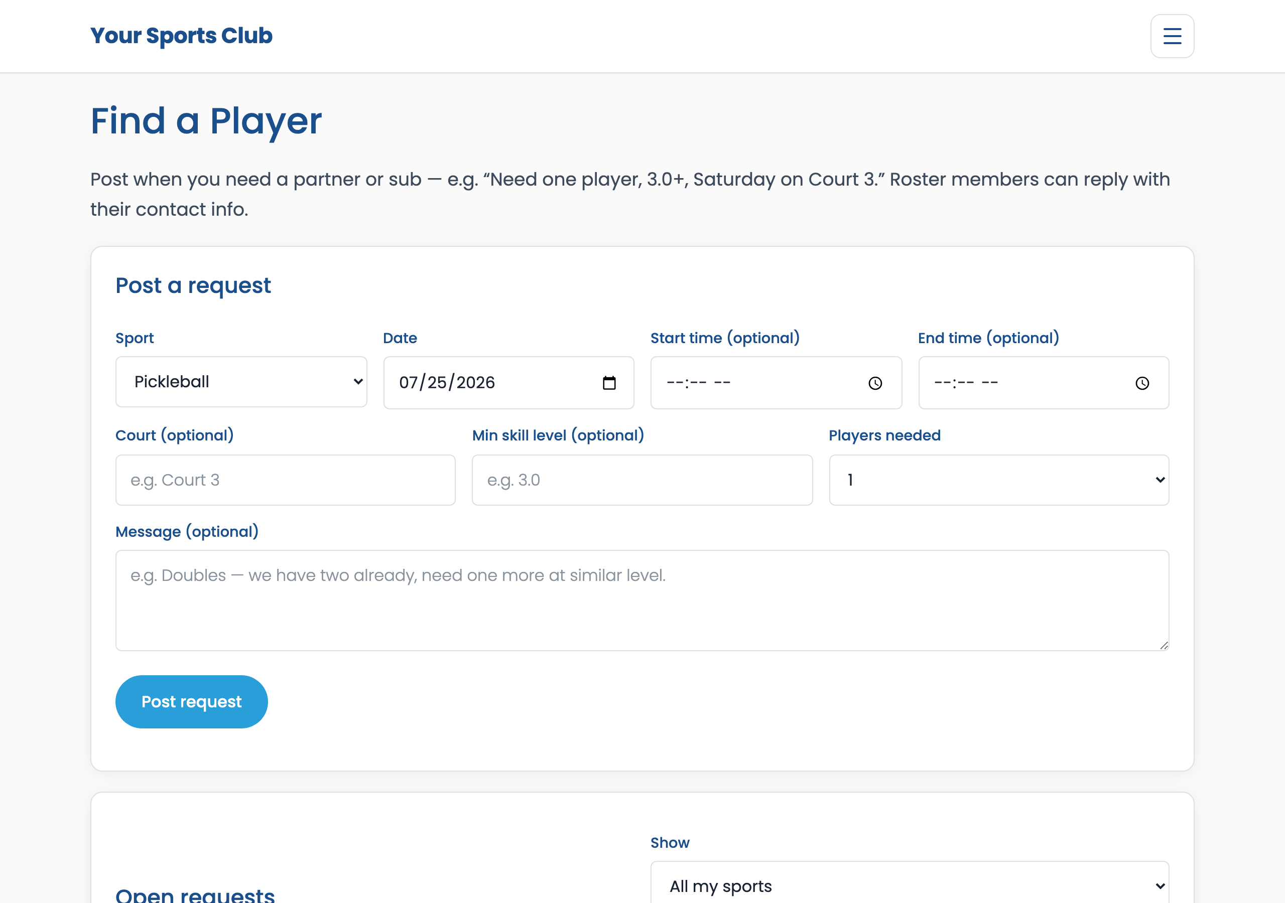 Find a Player board for posting partner requests