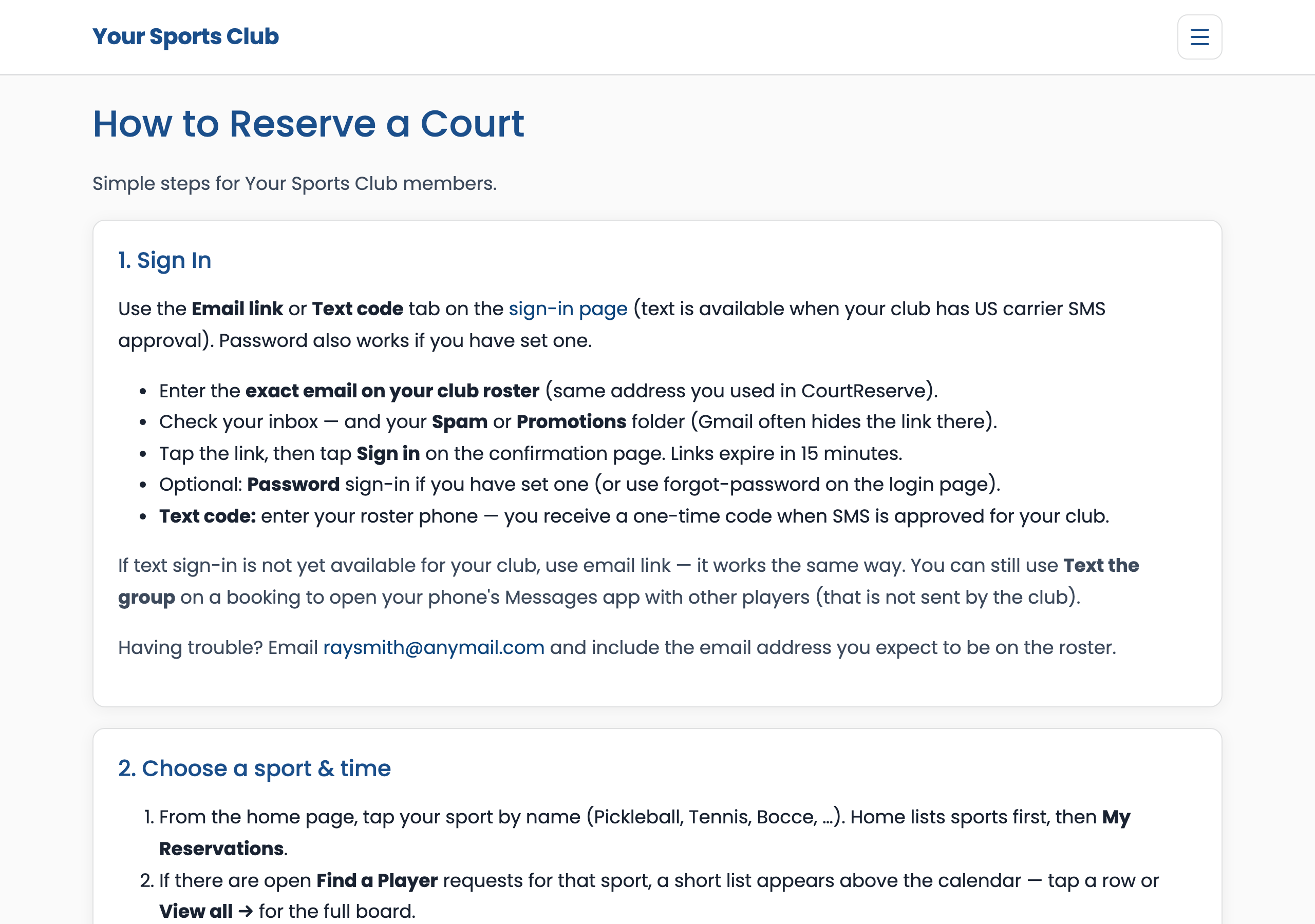 Help page with step-by-step booking instructions including Week and Month views