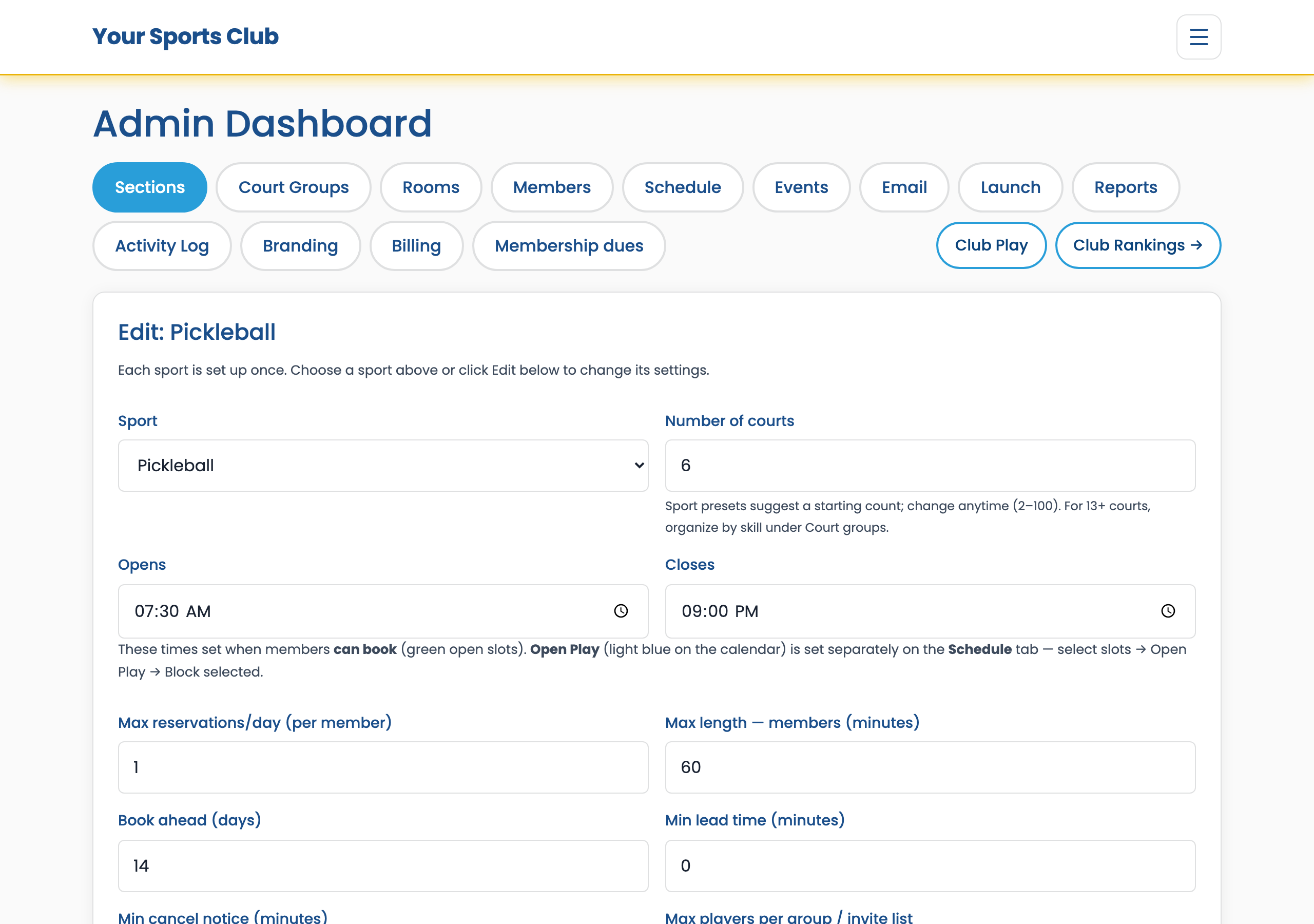 Admin Sections tab with sport courts hours and booking rules