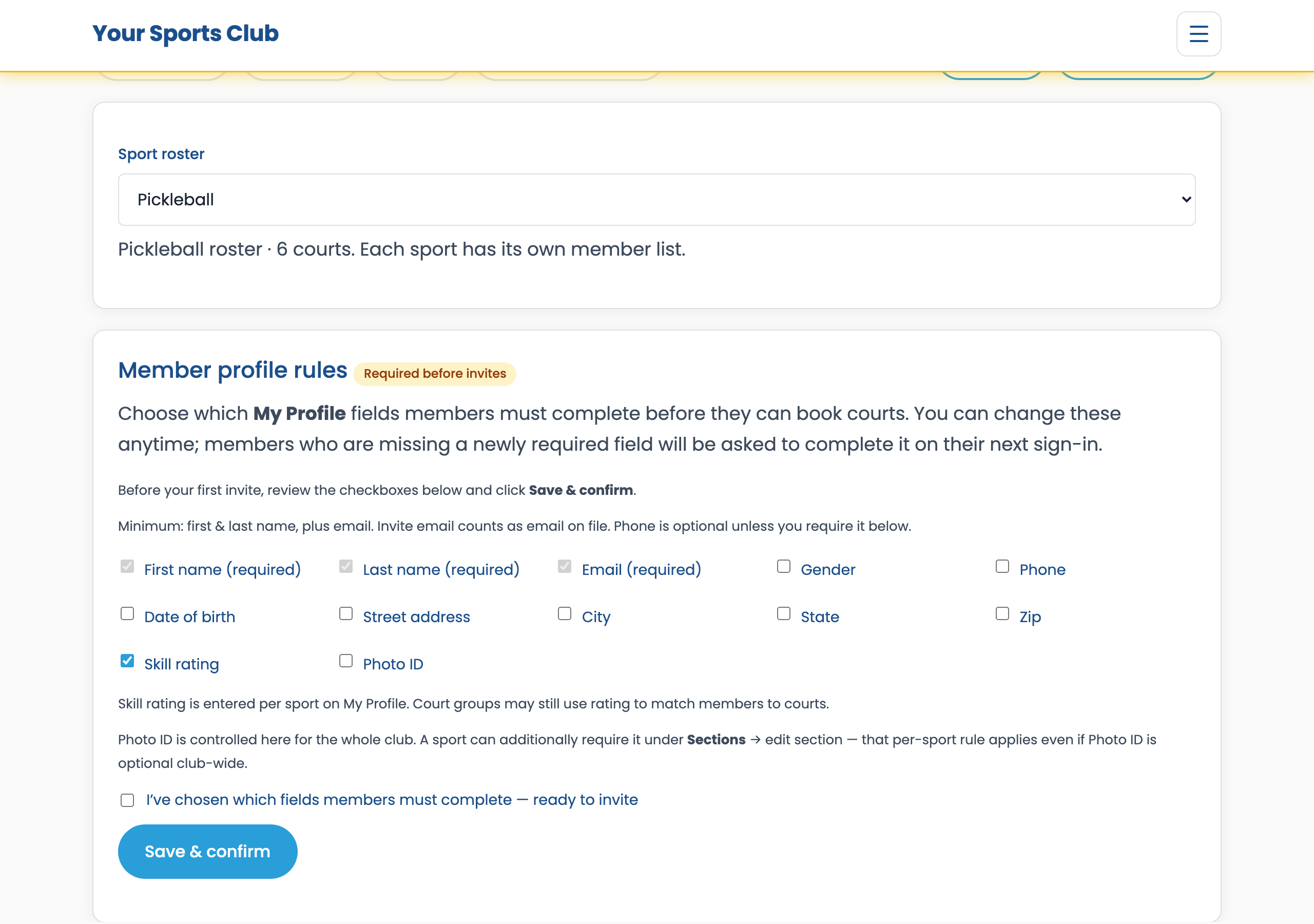 Admin Members tab — Member profile rules checkboxes and sport roster