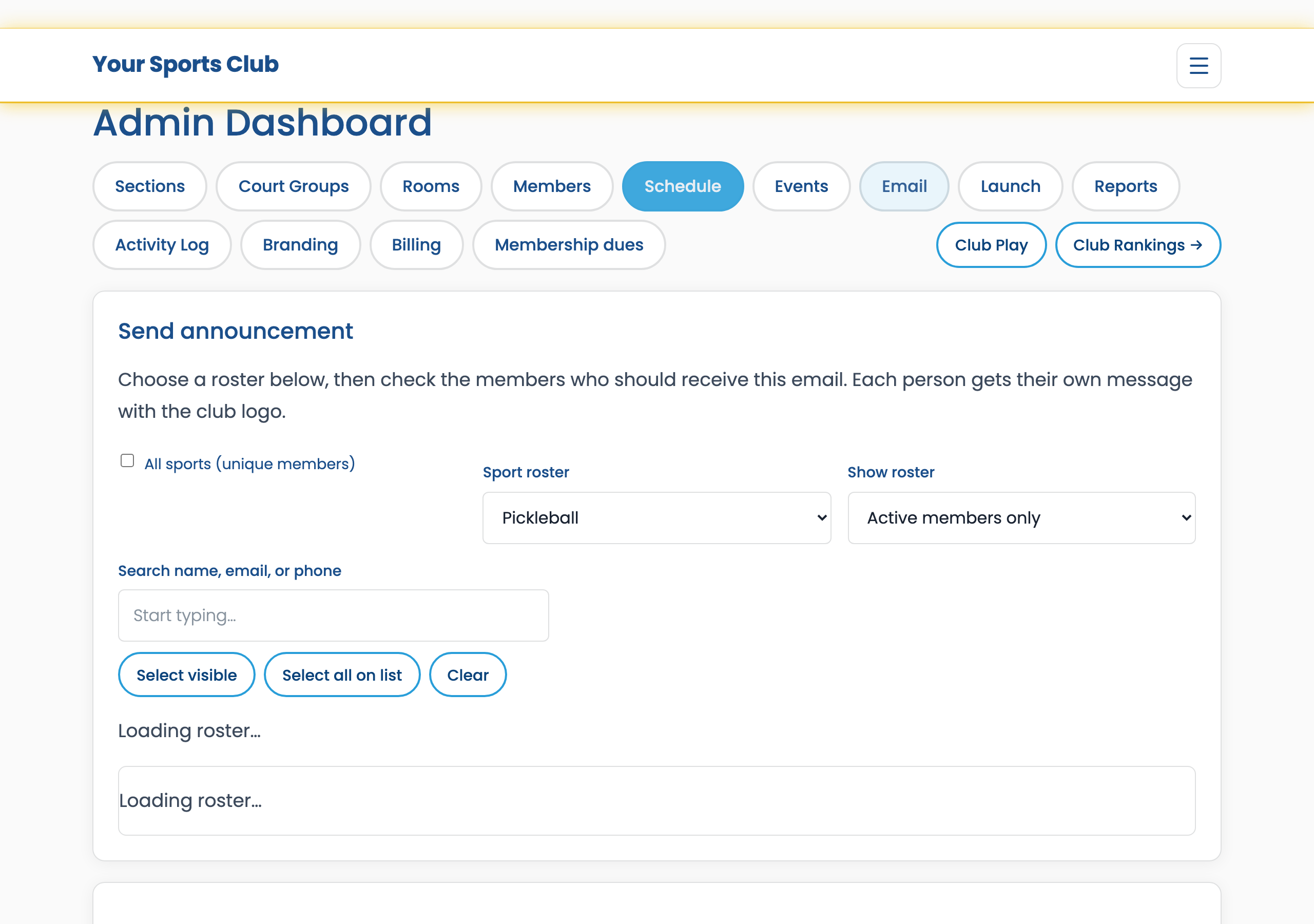 Admin Email tab with send announcement form