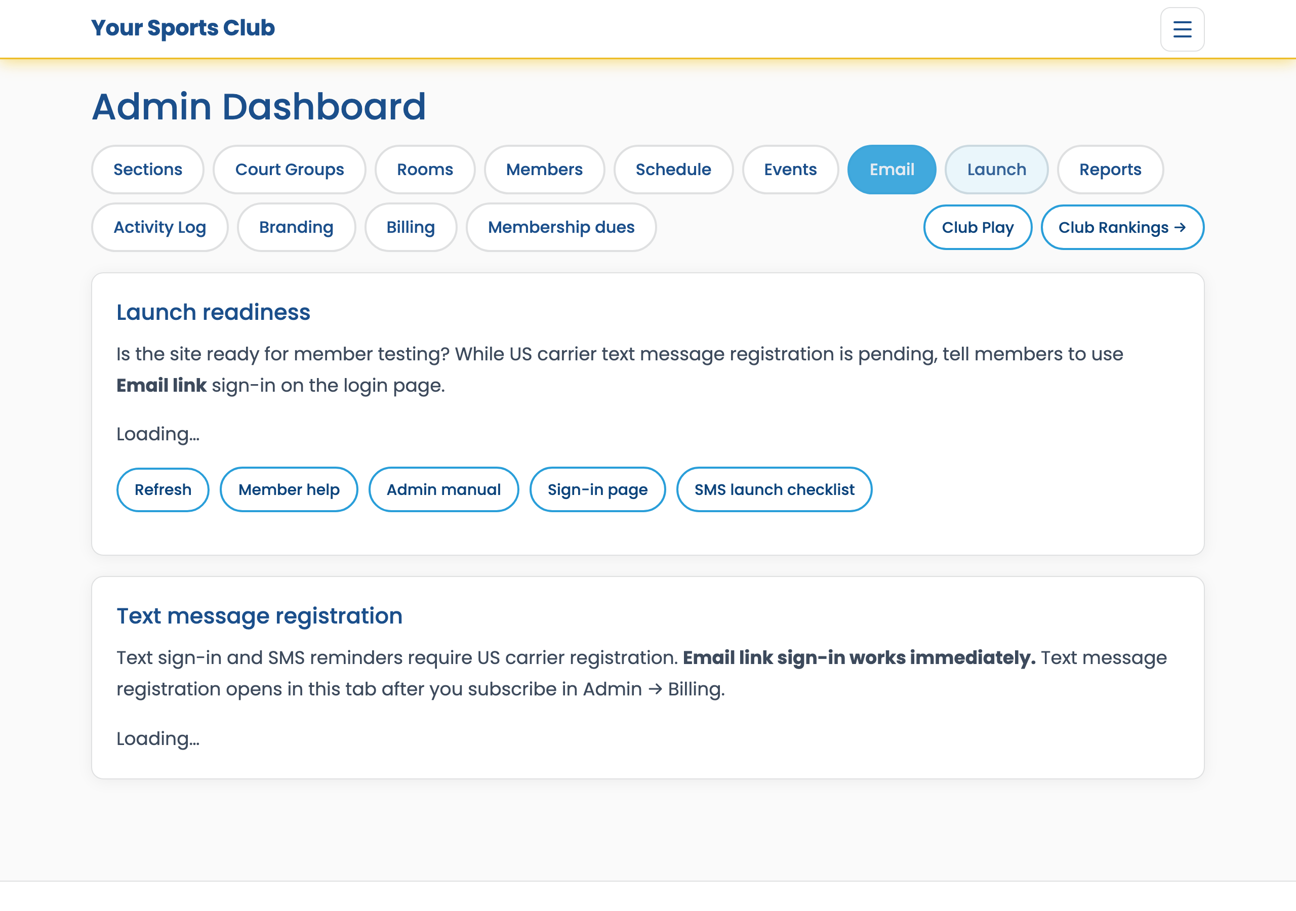 Admin Launch tab with email SMS and billing checklist