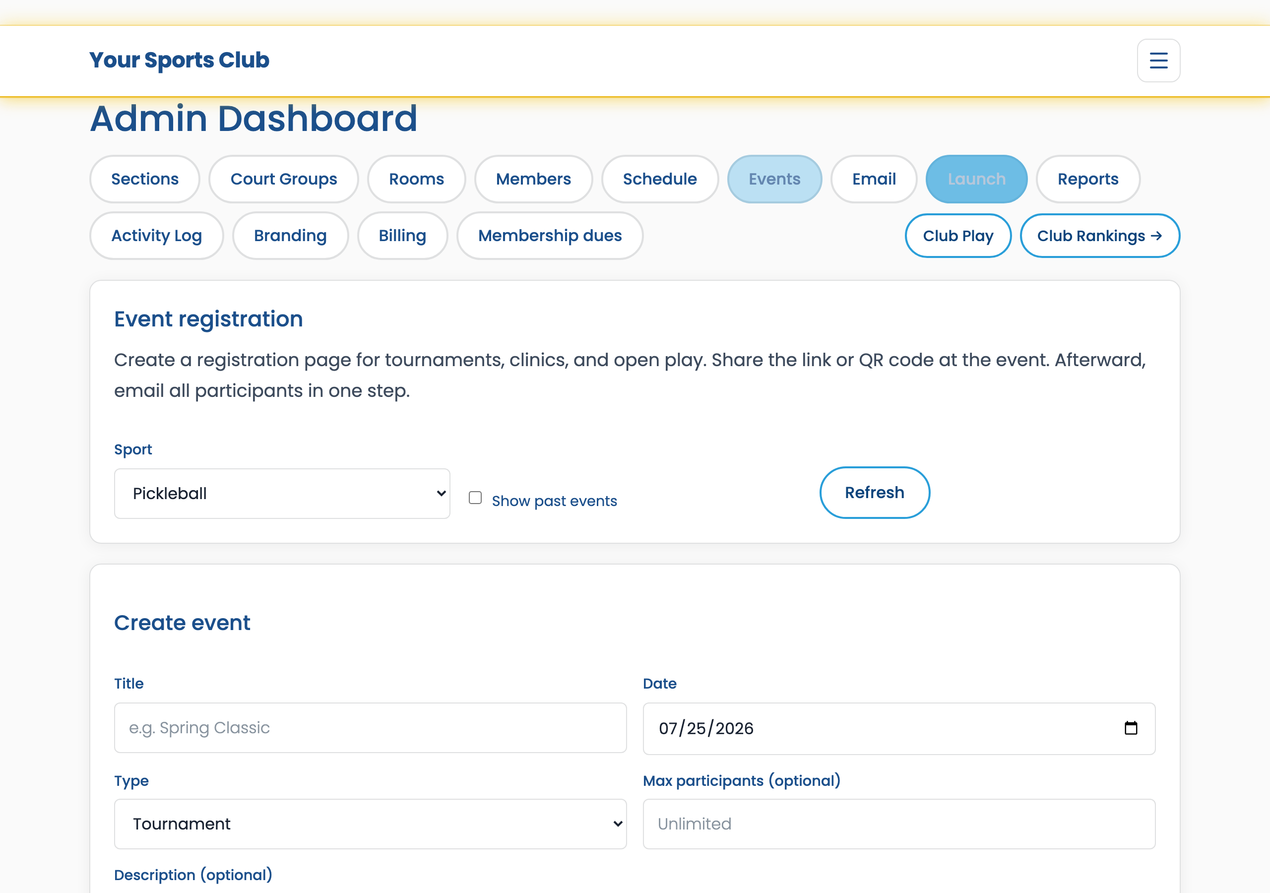 Admin Events tab with event list and create form