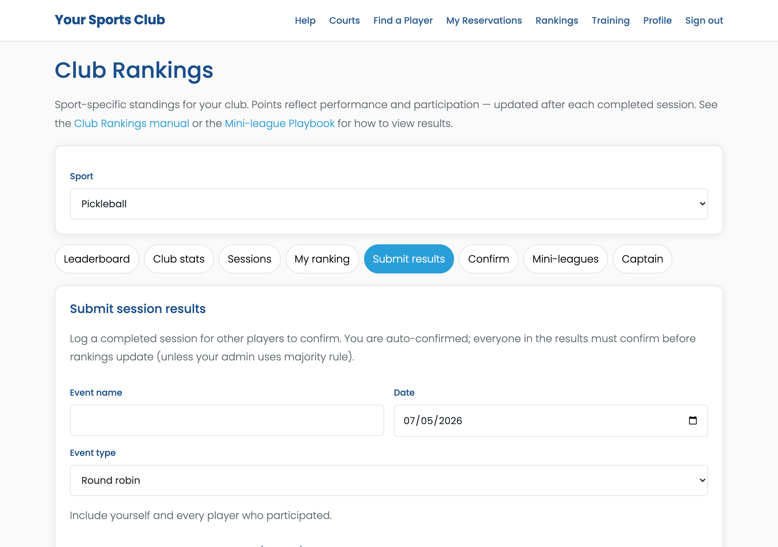 Club Rankings Submit results tab with event form and player rows