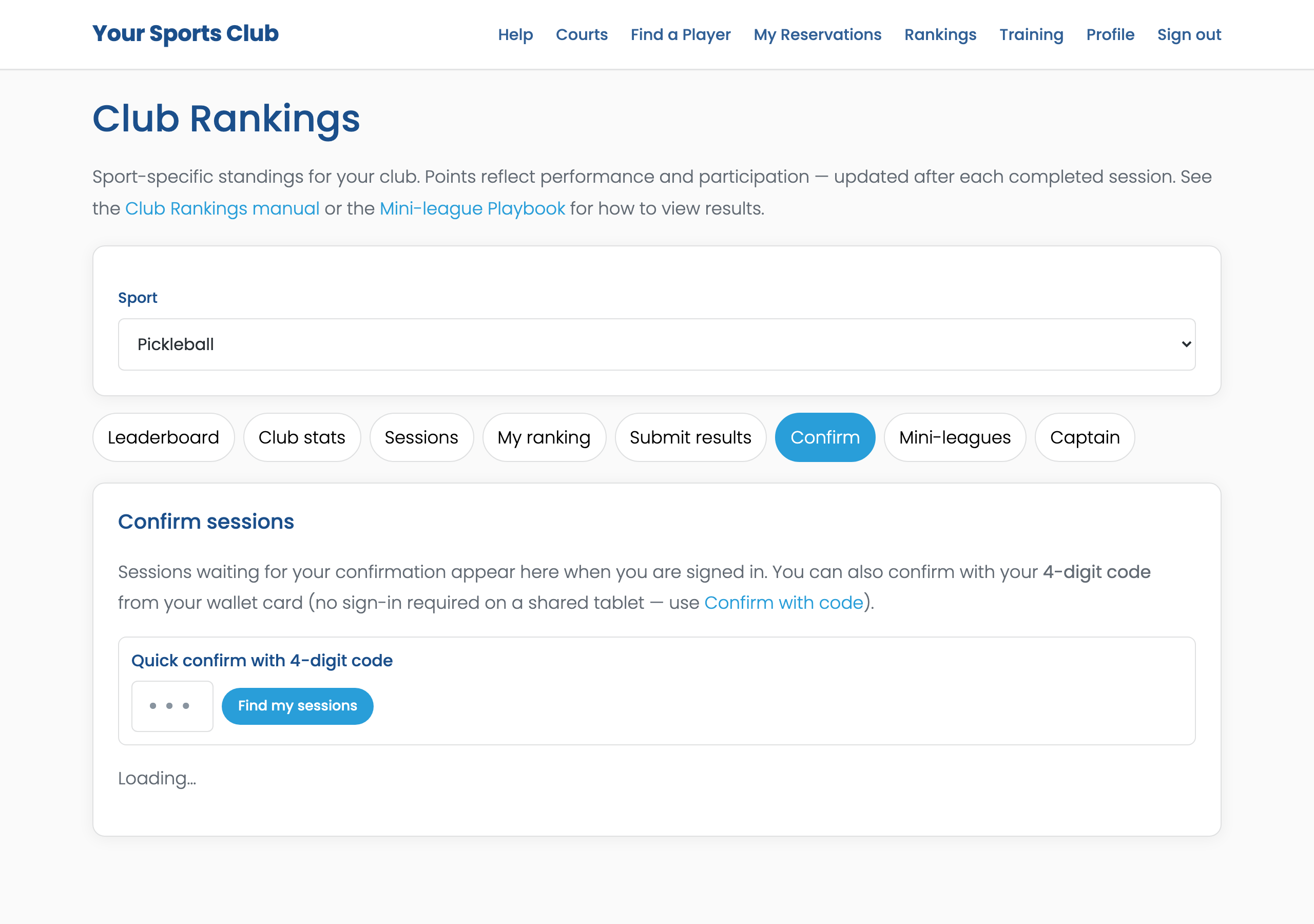 Club Rankings Confirm tab with quick 4-digit code entry