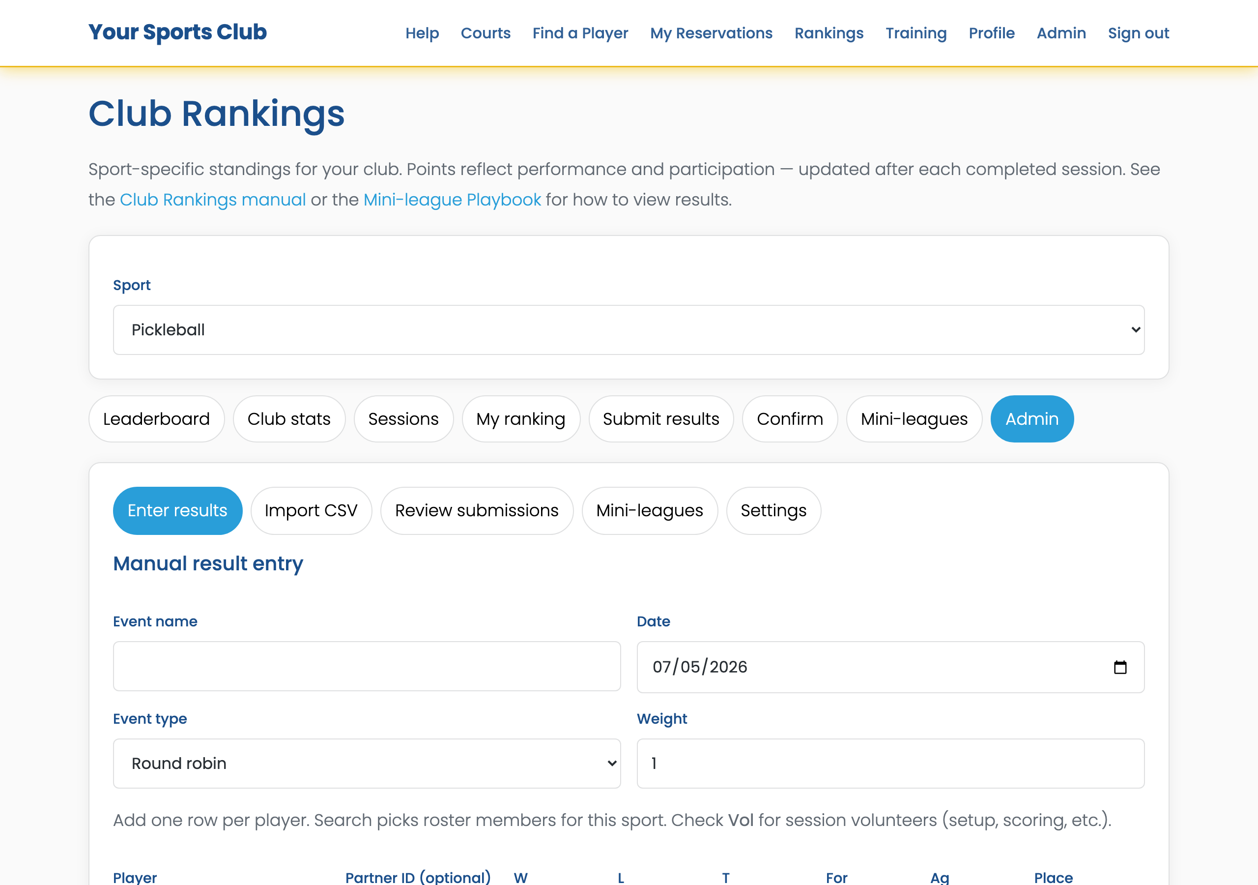 Club Rankings Admin Enter results panel