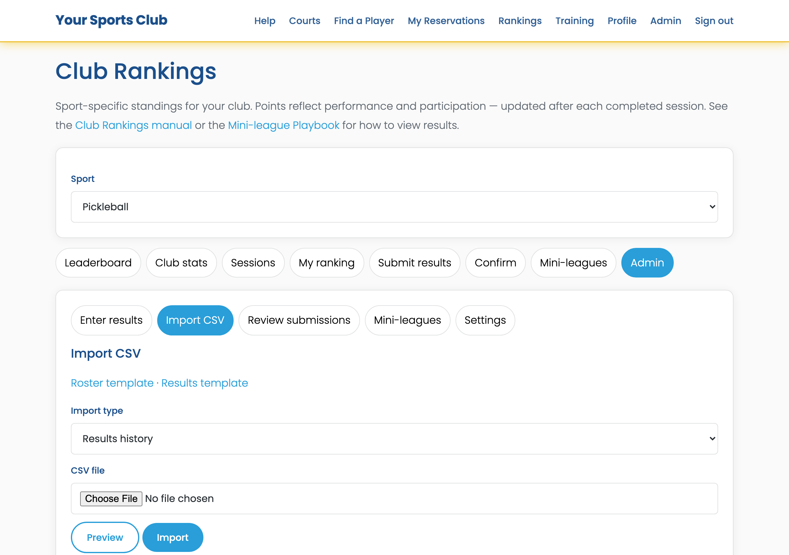 Club Rankings Admin Import CSV panel with templates
