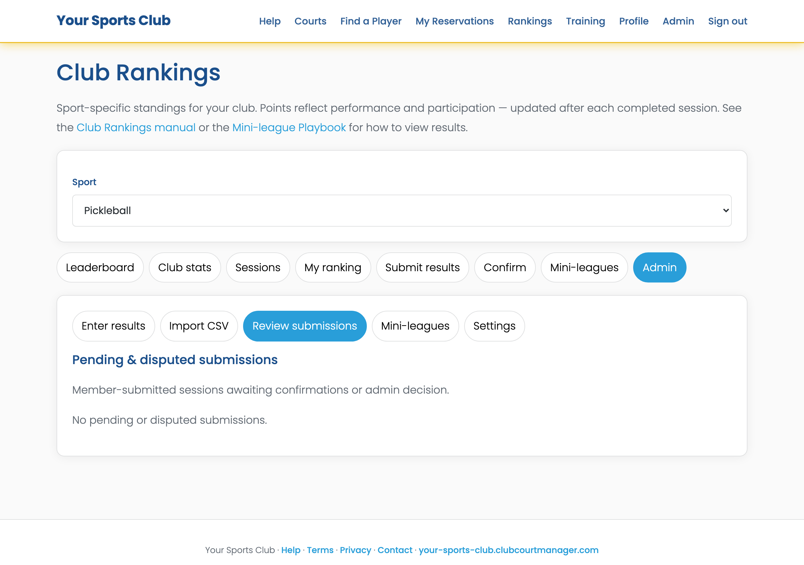 Club Rankings Admin Review submissions panel