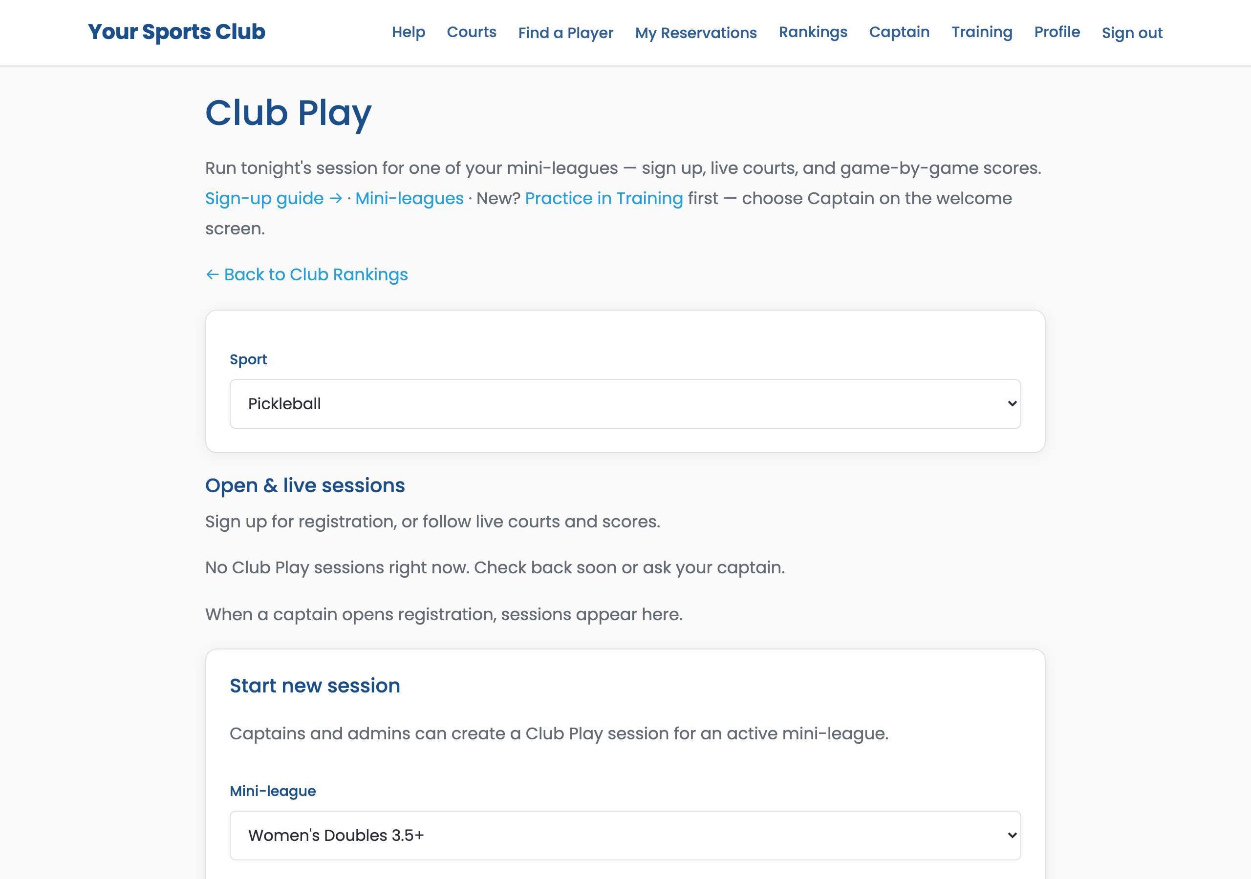 Club Play hub with session list and signup