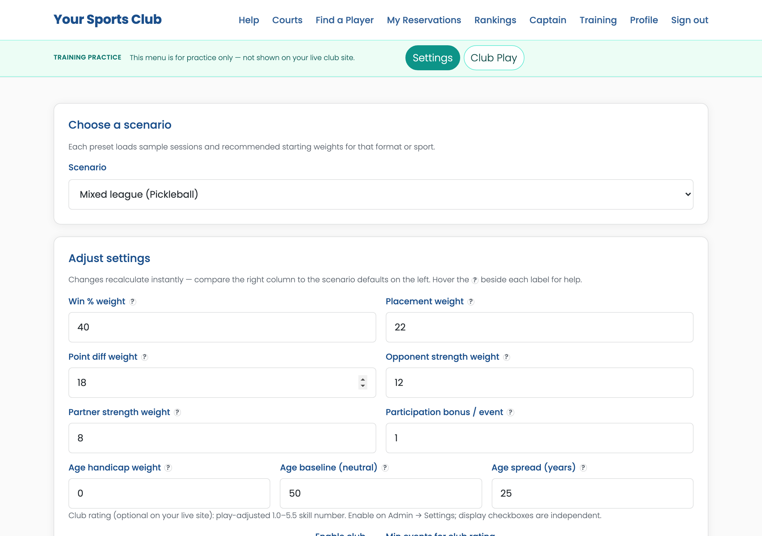 Training Administrator Settings with side-by-side leaderboard compare